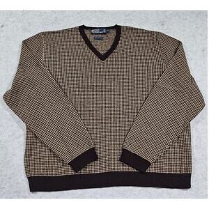 Vintage Polo Ralph Lauren Houndstooth Lambswool V-Neck Brown Sz XXL